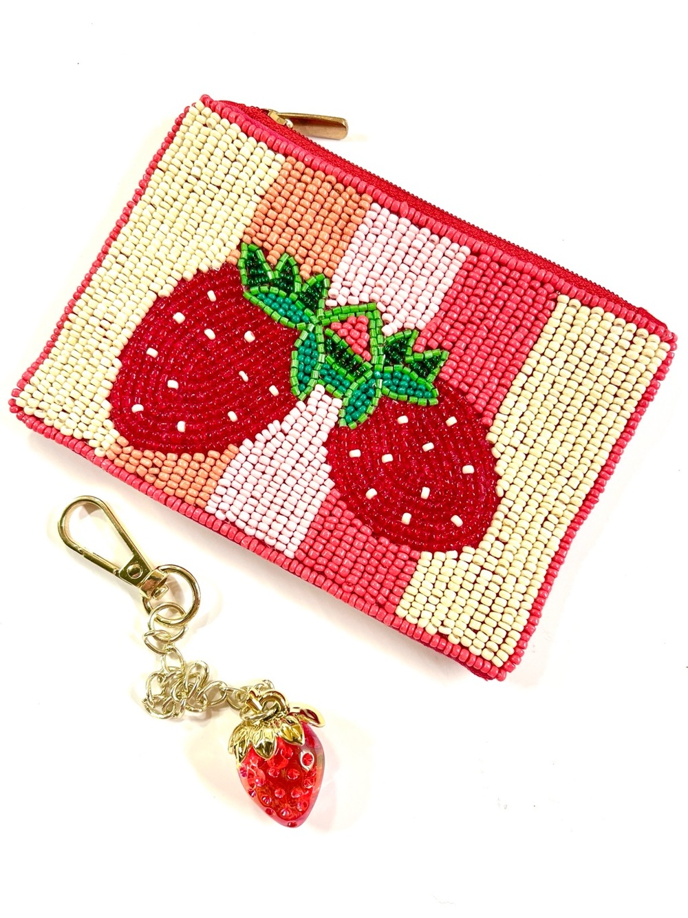 Strawberry Beaded Pouch & Bag Charm Set NWOT